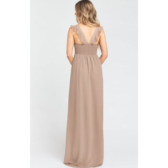 ☀️NWT Show Me Your Mumu June Maxi Bridesmaid Dress Chiffon Neutral Dune Brown M - Picture 2 of 9